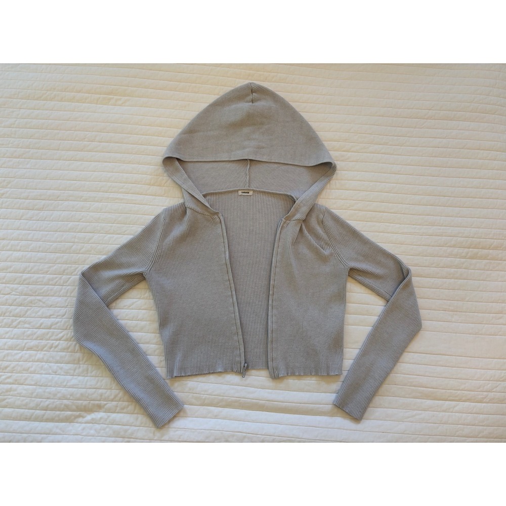Garage Soft Heather Grey Ribbed Knit Full Zip Cropped Hoodie Cardigan Size M